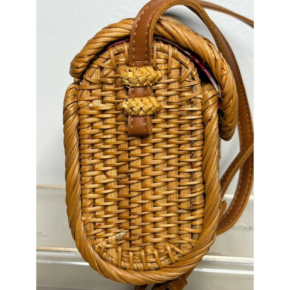 Handwoven Rattan Shoulder Leather Strap Floral Lined Bag